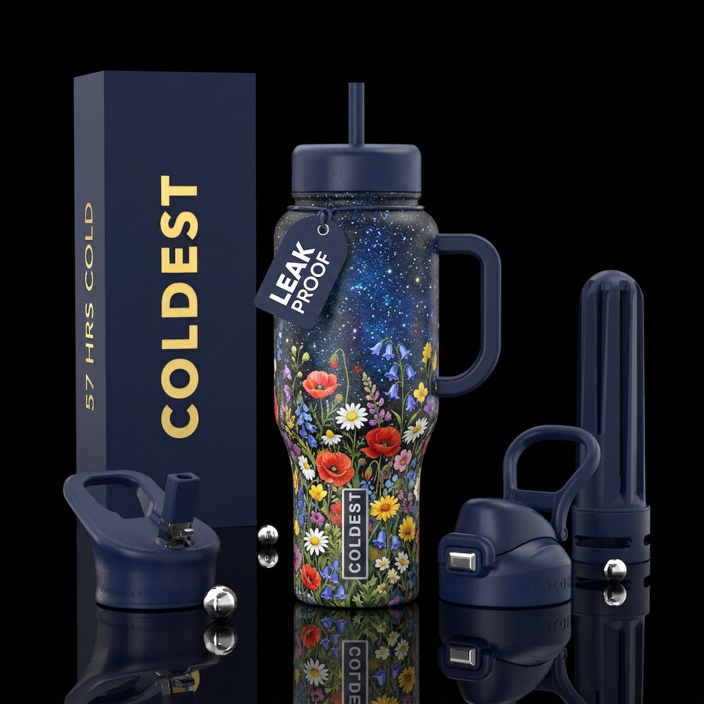 starry night, wildflowers water bottle design