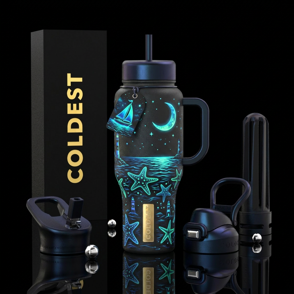 bioluminescent, sailboat, starfish, lighthouse, mo... water bottle design