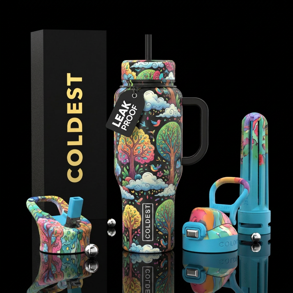 trees, whimsical, clouds, birds water bottle design