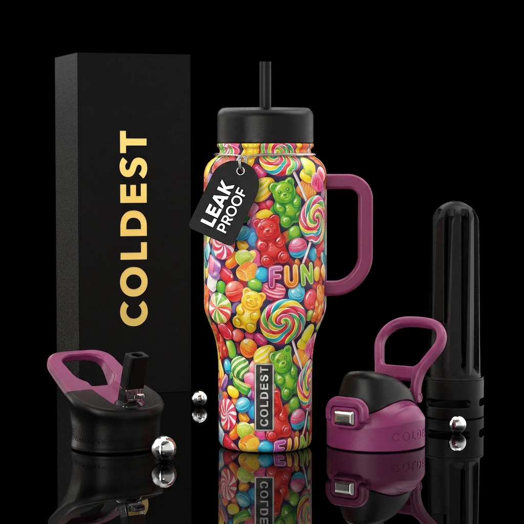 gummy bears. lollipops, candy, fun water bottle design