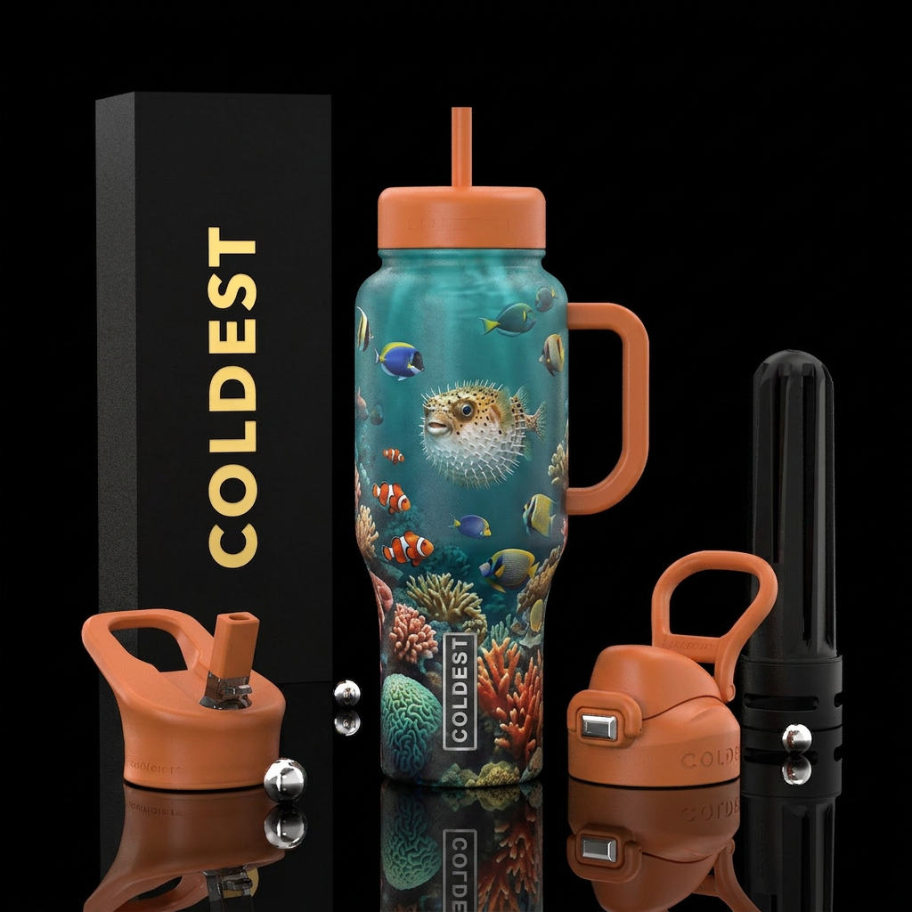 coral reef, calm waters, fish. blowfish water bottle design