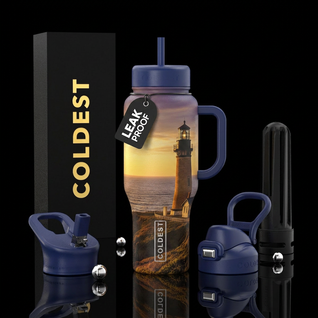 lighthouse, golden hour, ocean water bottle design