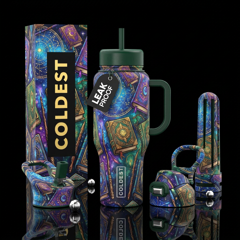 spellbinding, magic, wands. colorful, spell books. water bottle design