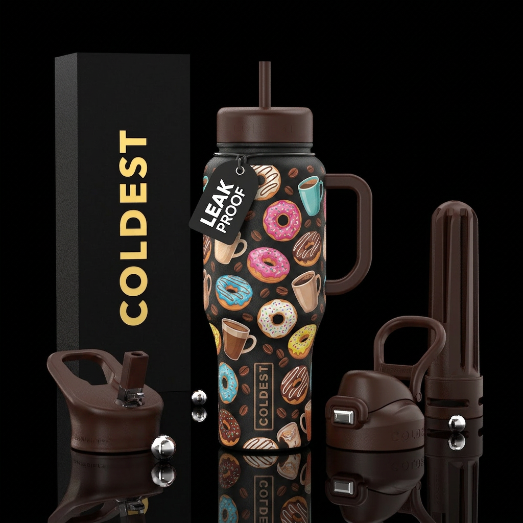 donuts, coffee, colorful water bottle design