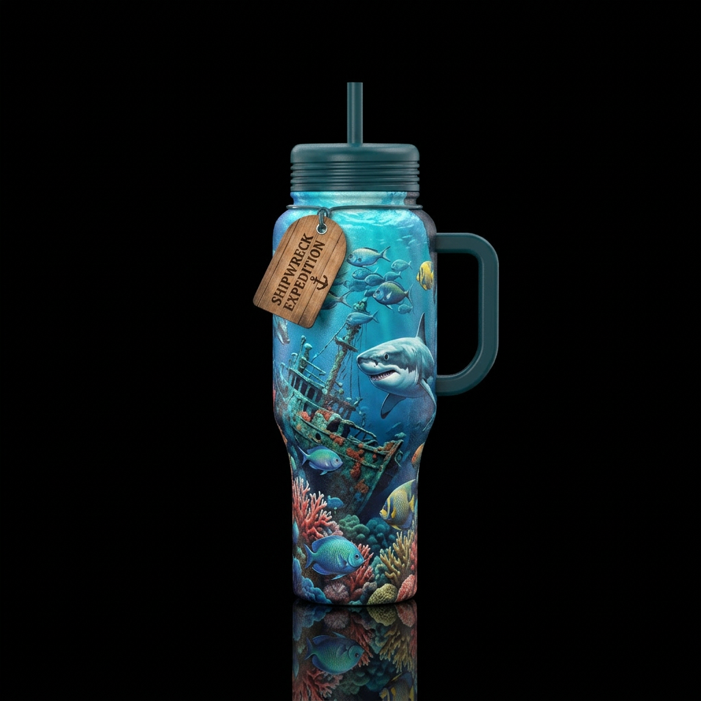shipwreck,ocean, fish, shark water bottle design