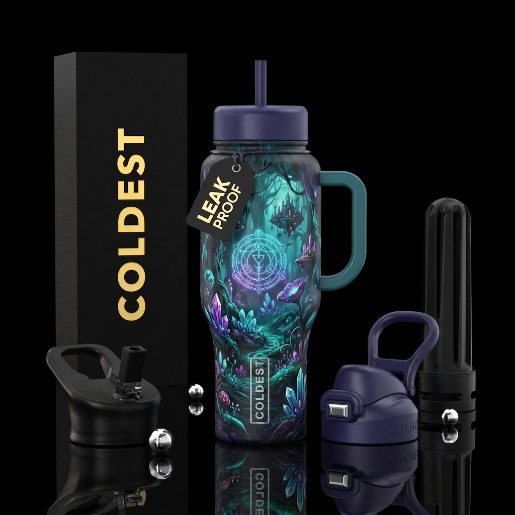futuristic, alchemy, hidden realm water bottle design