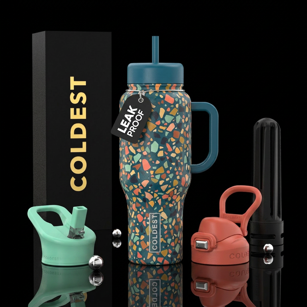 mid century, terrazzo water bottle design