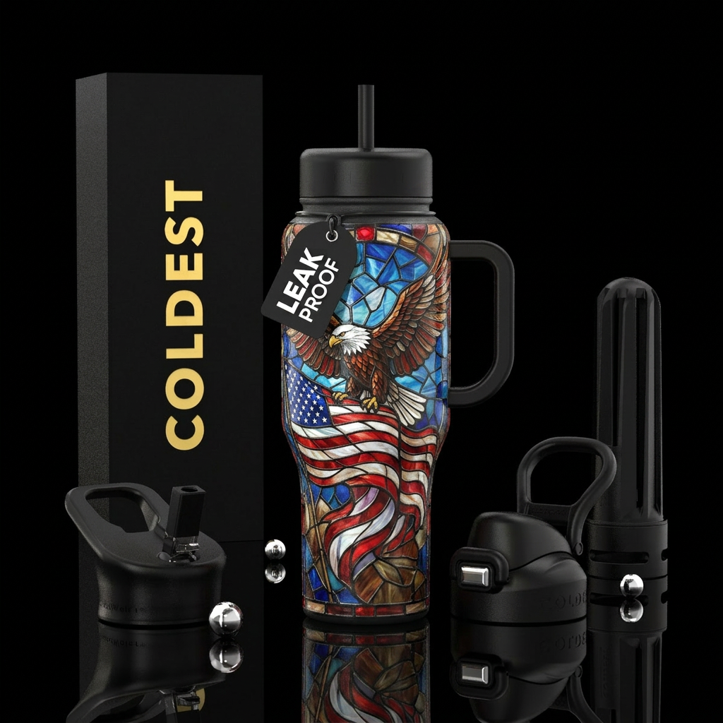 eagle, patriotic, american flag, stained glass, co... water bottle design