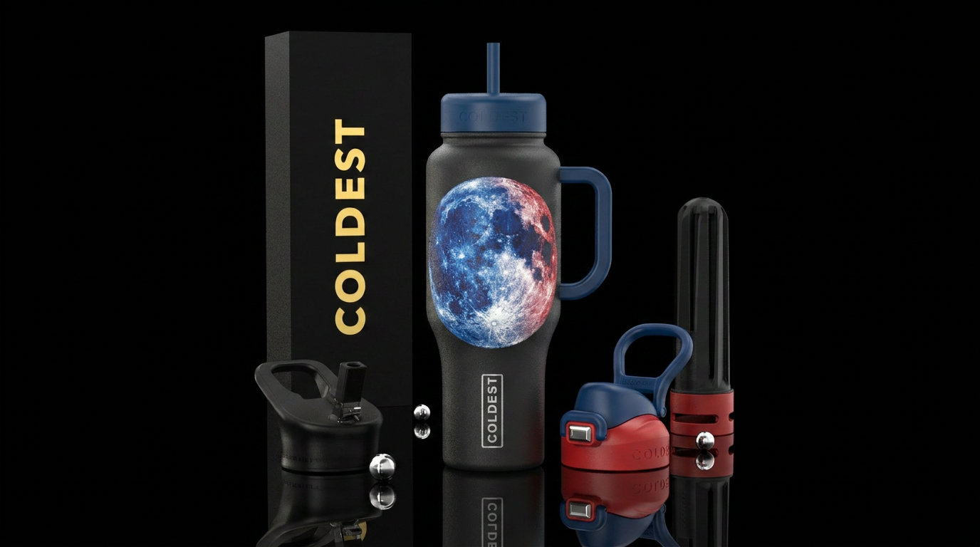 red, white, blue, luna water bottle design