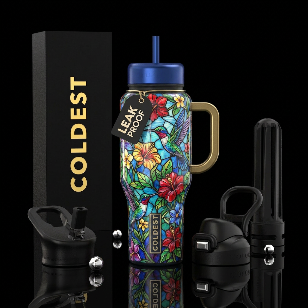 hummingbird, flowers, stained glass water bottle design