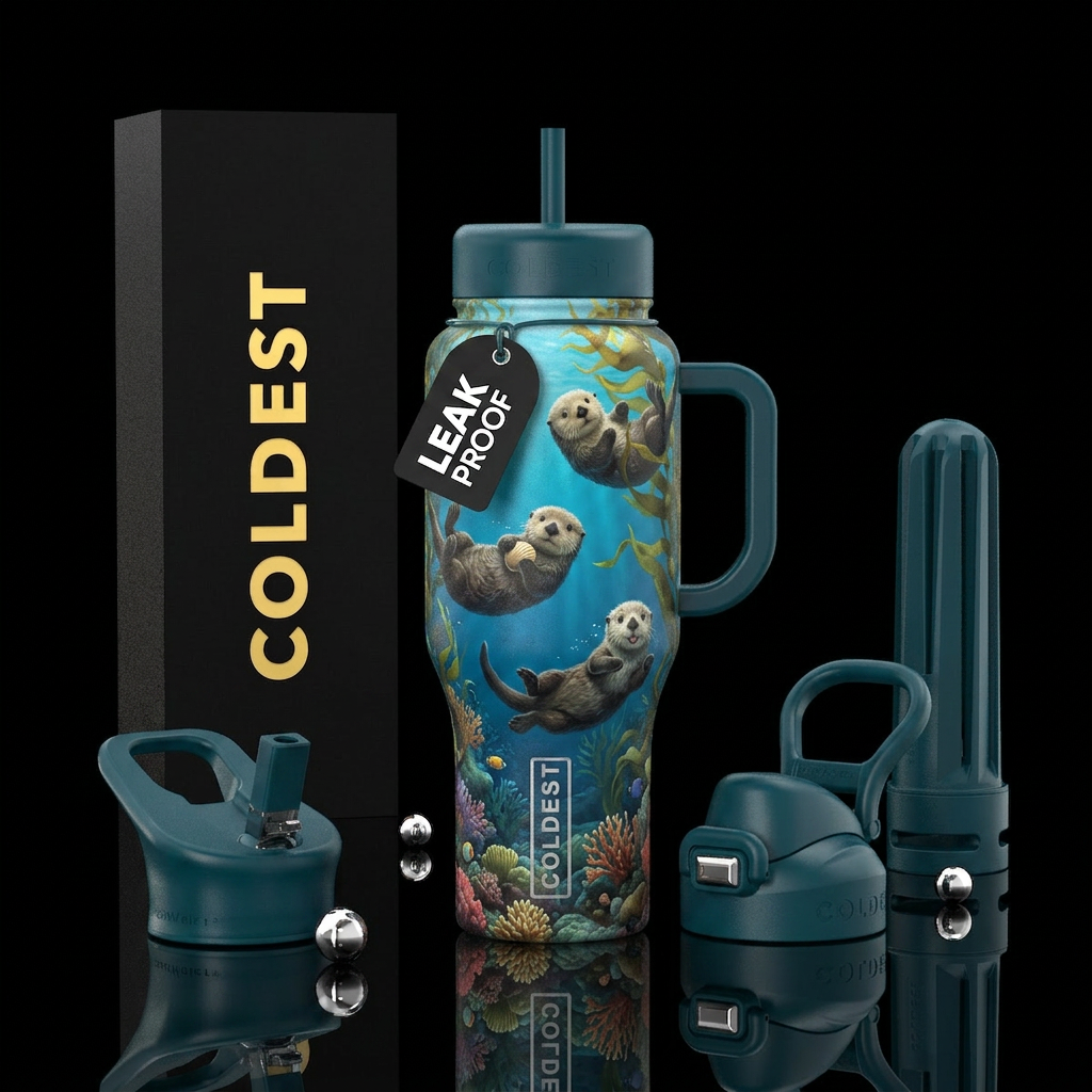 sea otters, ocean, swimming, cute water bottle design