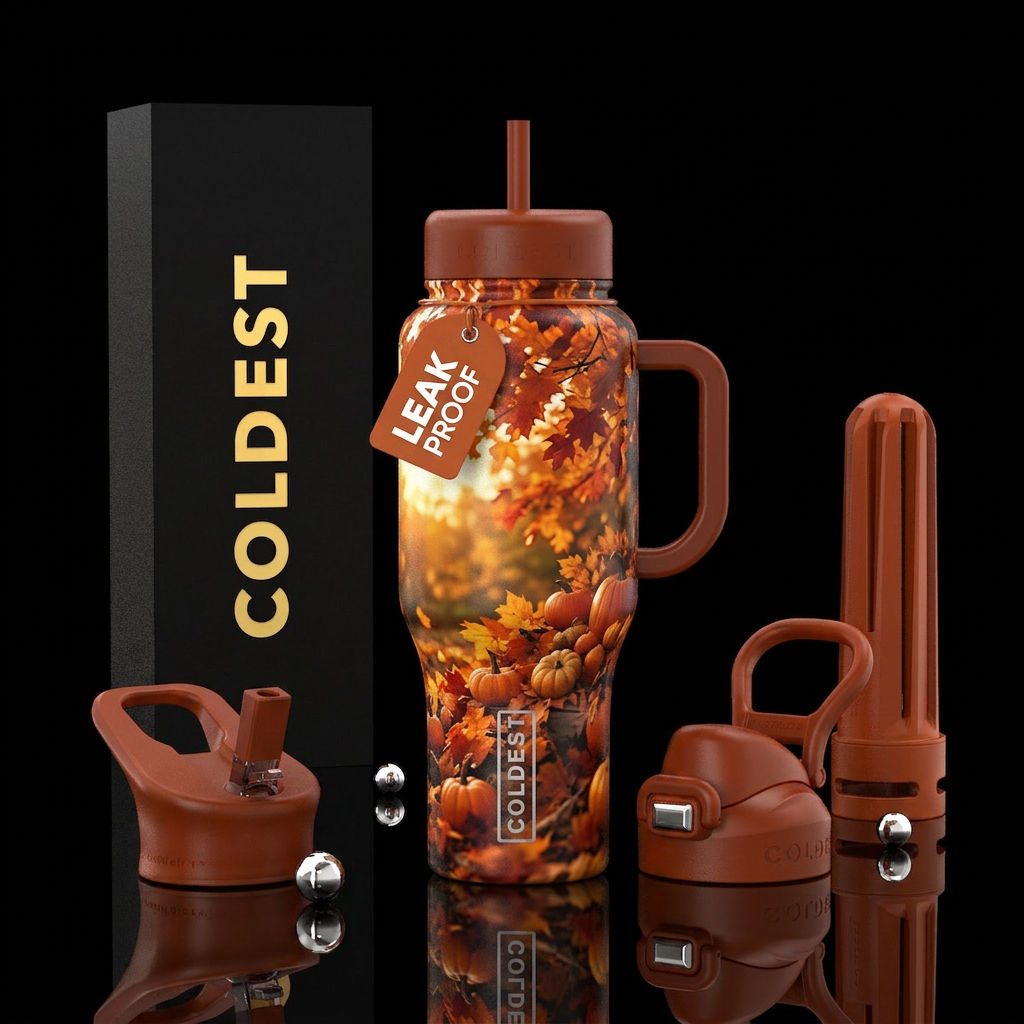 golden hour, autumn leaves, fall, pumpkins water bottle design