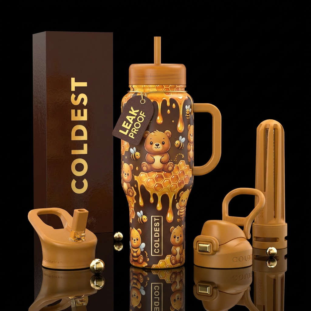 bees, honeycomb, honey, cute bears water bottle design