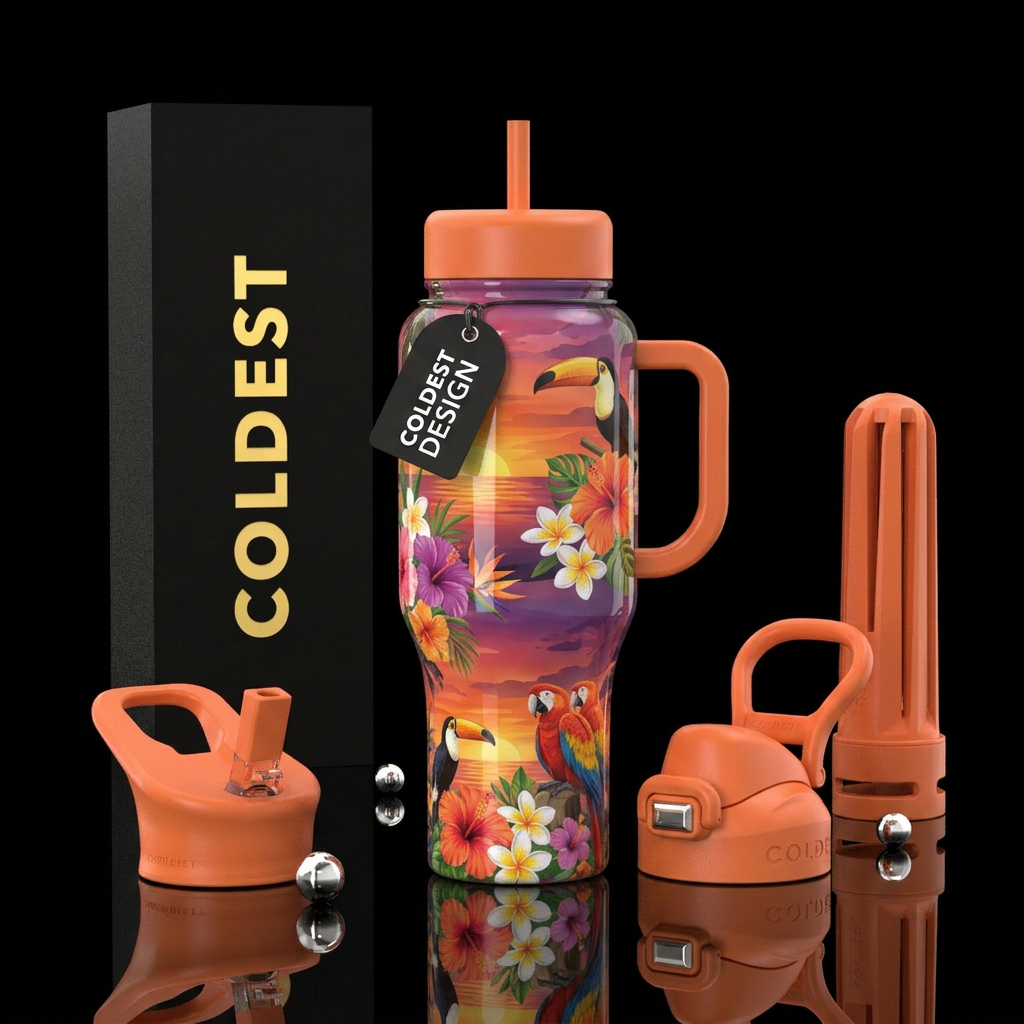 sunset, tropical flowers, tropical birds water bottle design
