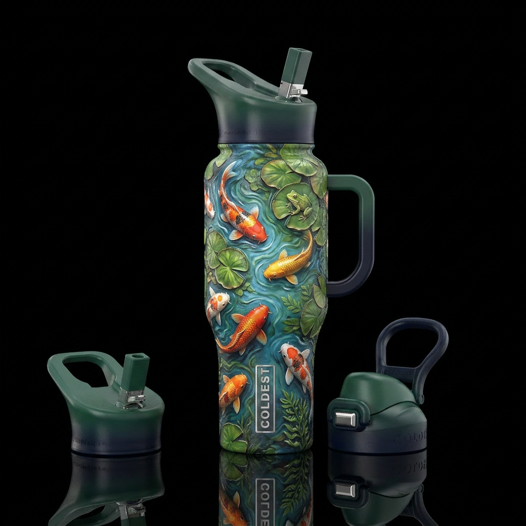koi fish, pond. lilly pad, frog water bottle design