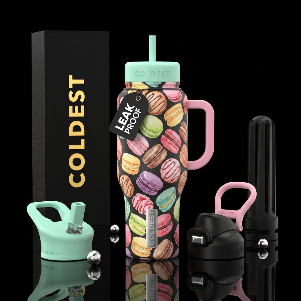 macaron, treats, colorful water bottle design