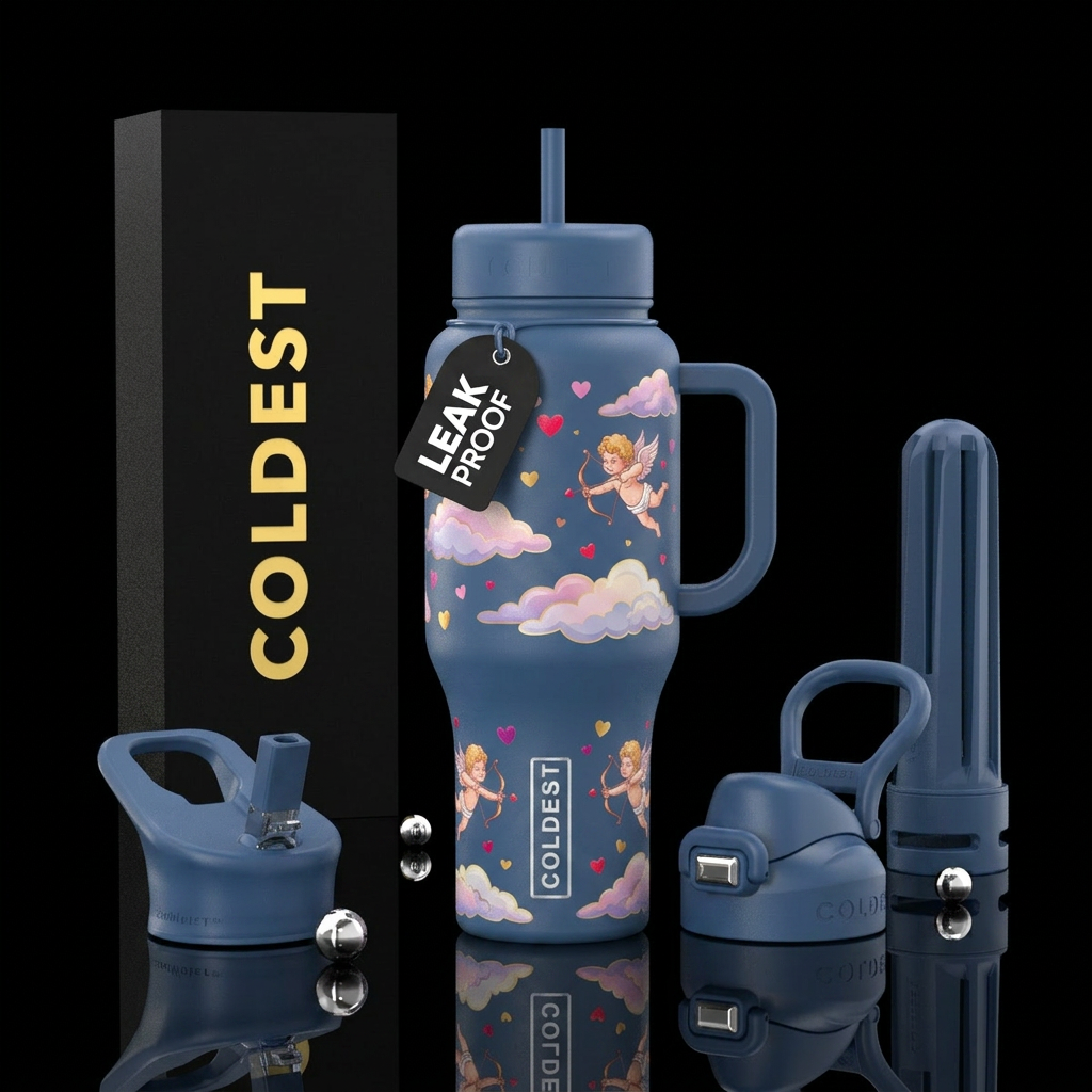cloud. hearts, cupid water bottle design