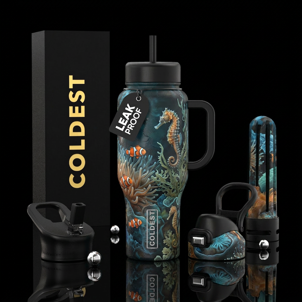 seahorse, tide pools, clownfish water bottle design