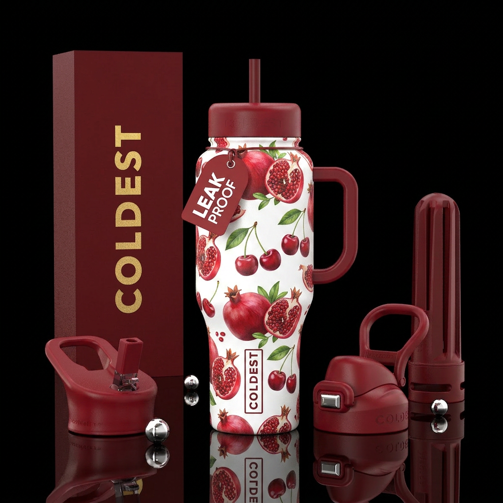pomegranate, cherries, white backround water bottle design