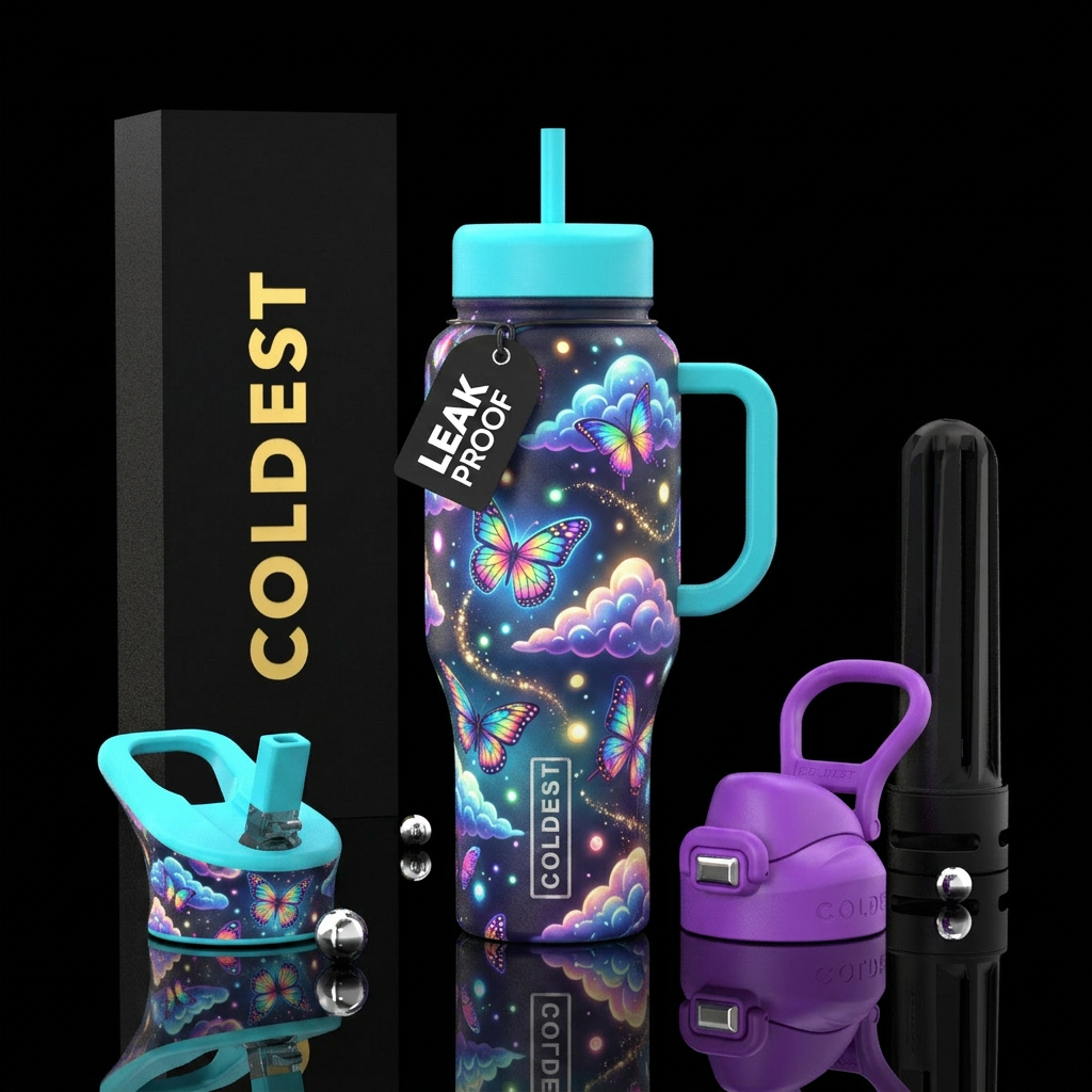 butterfly, clouds, glowie water bottle design