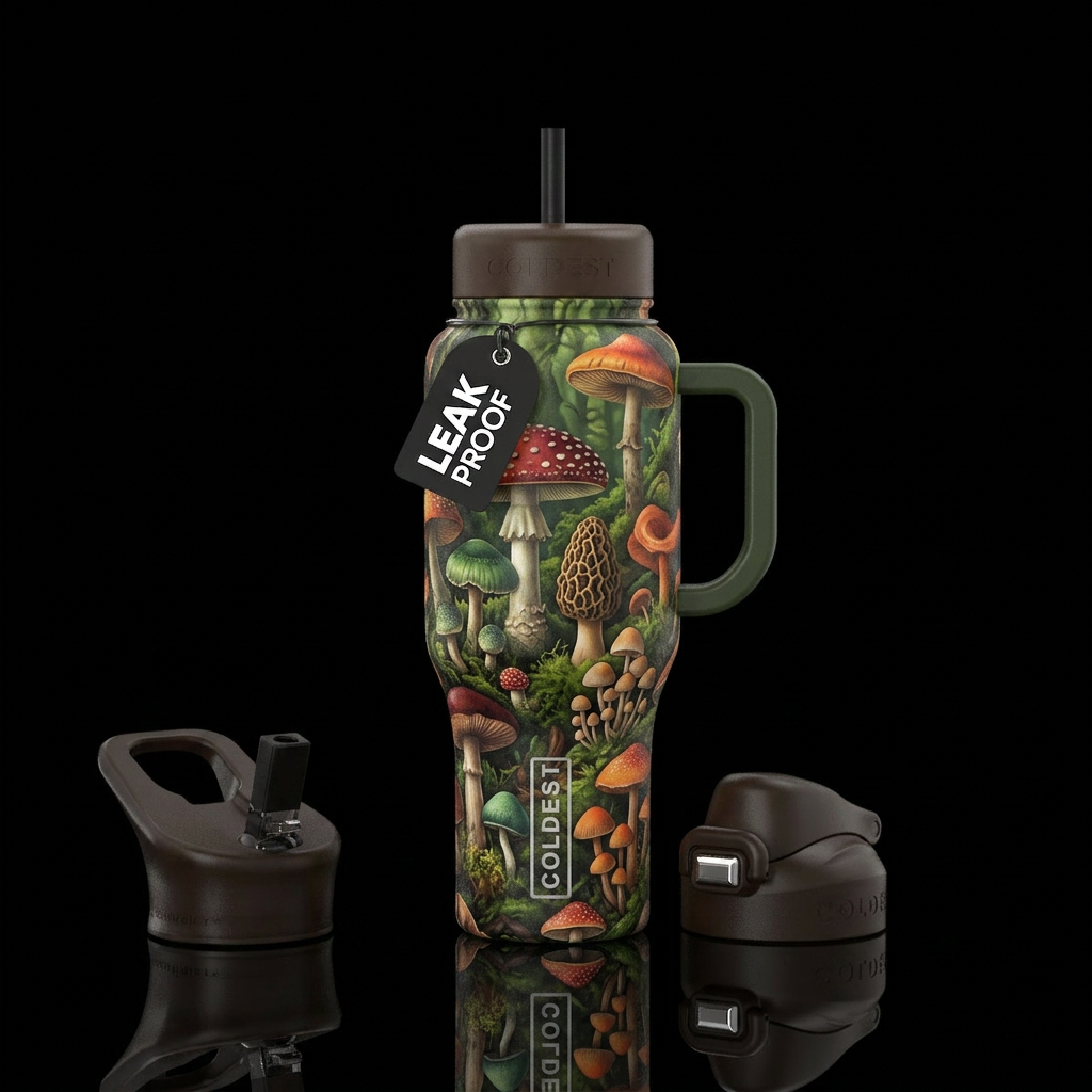 mushroom forest, harmonious water bottle design
