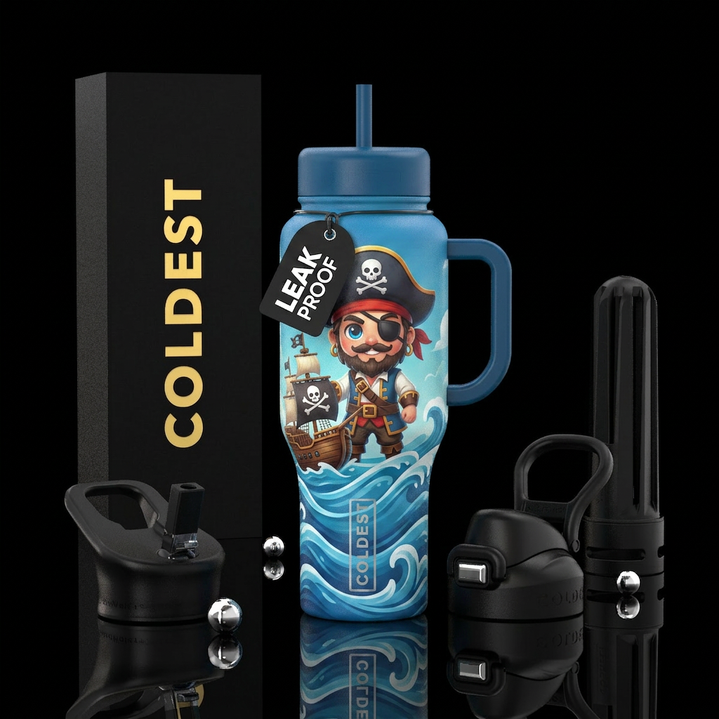 pirate, ship. cute, fun, waves. ocean water bottle design