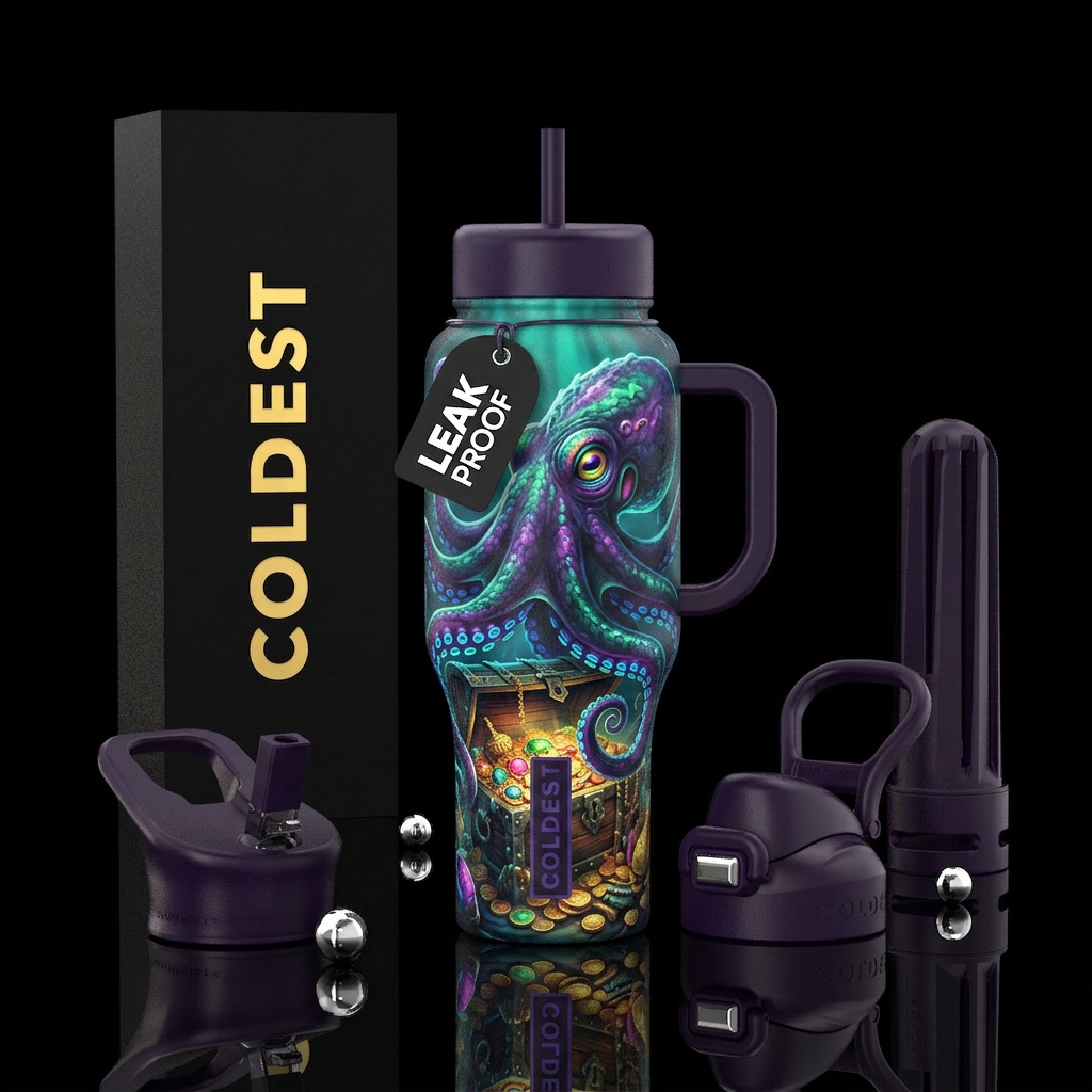 kraken, sunken treasure water bottle design