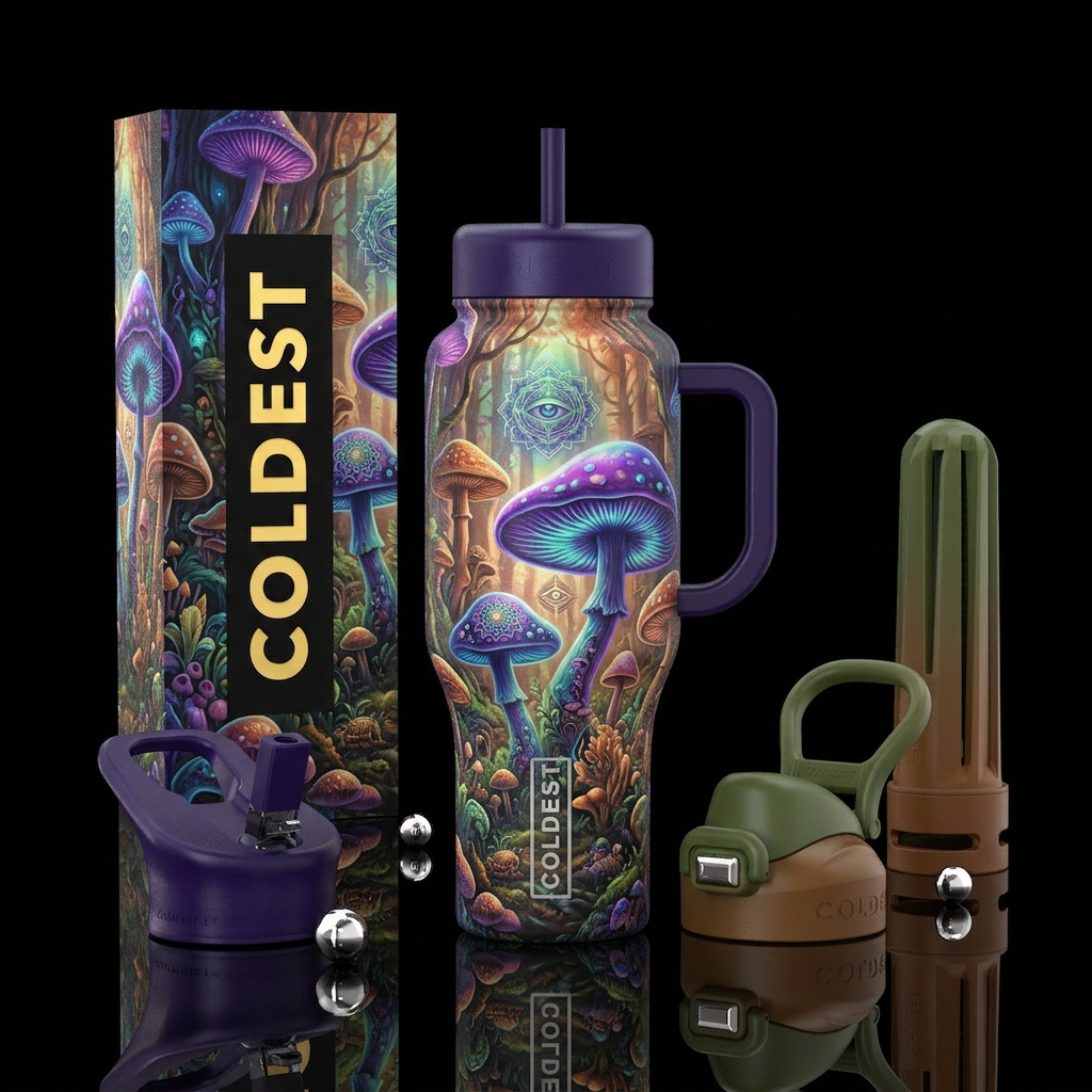 mushroom forest, mesmerizing, spiritual, spiritual water bottle design