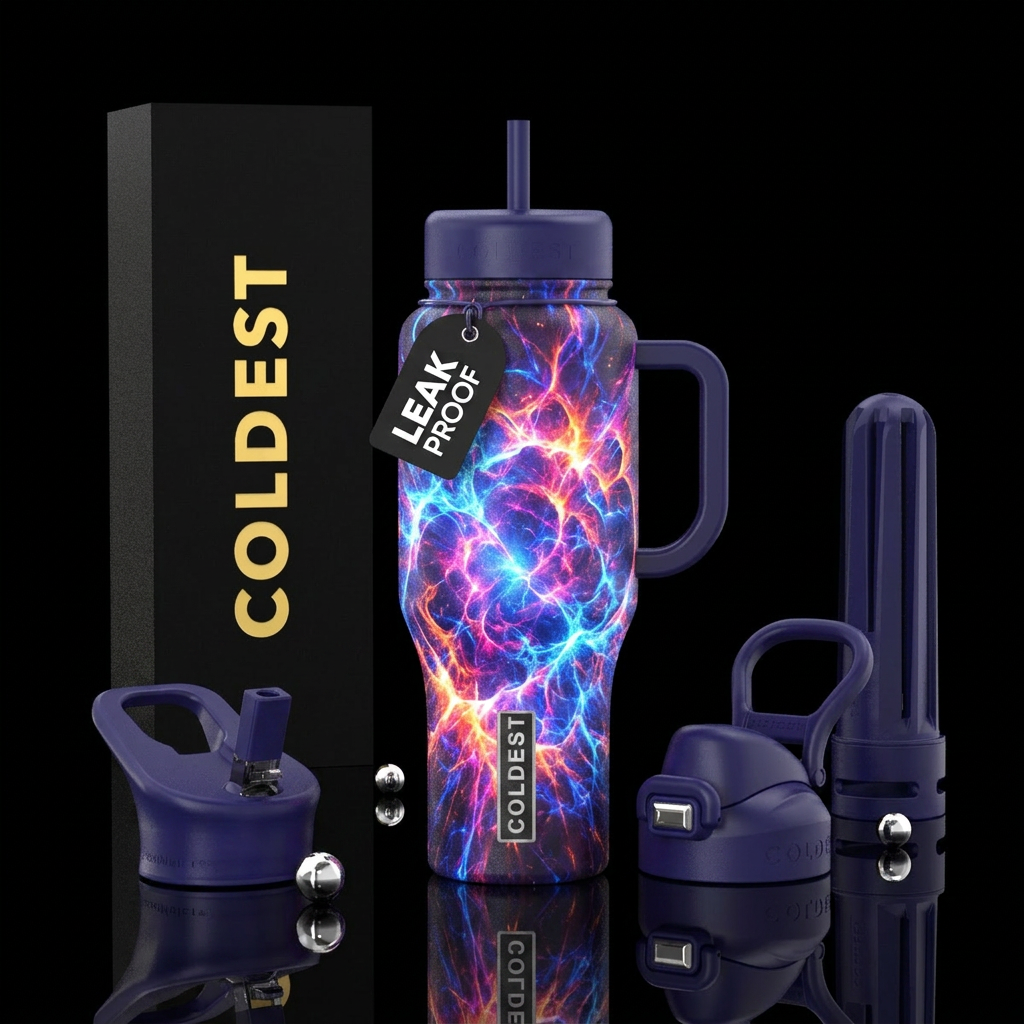 glowie, vibrant, explosive, electric, firery water bottle design
