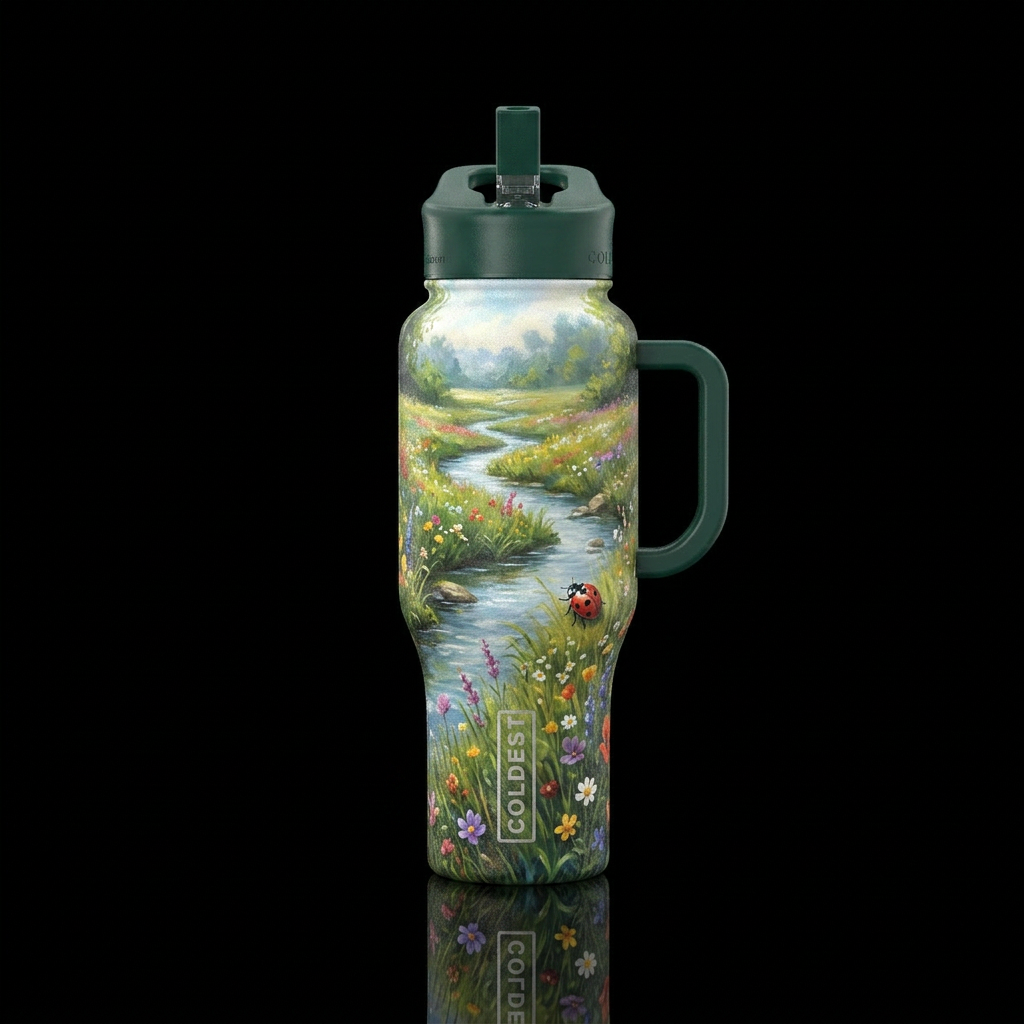 gentle stream, meadow, wildflowers, ladybug water bottle design