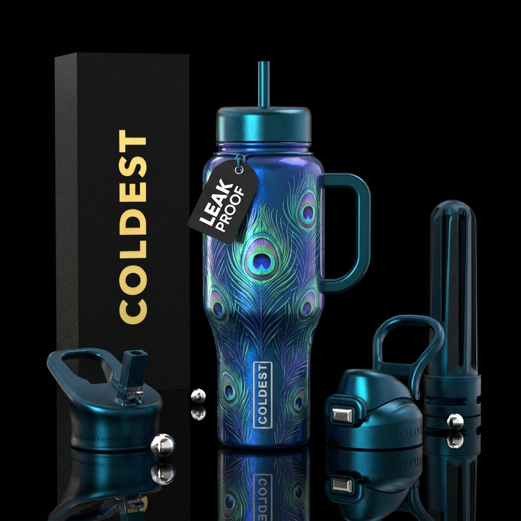 peacock, high fashion, glowie water bottle design