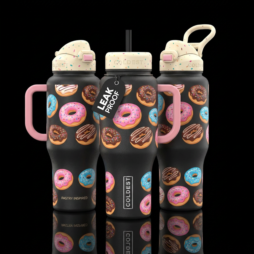 pastry. colorful. donuts water bottle design