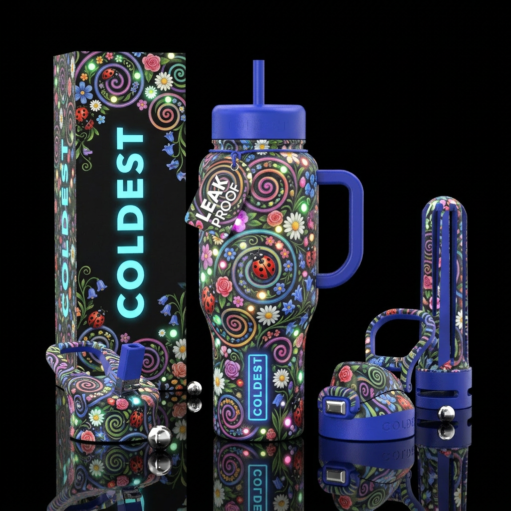 spirals, ladybugs. flowers, glowie water bottle design