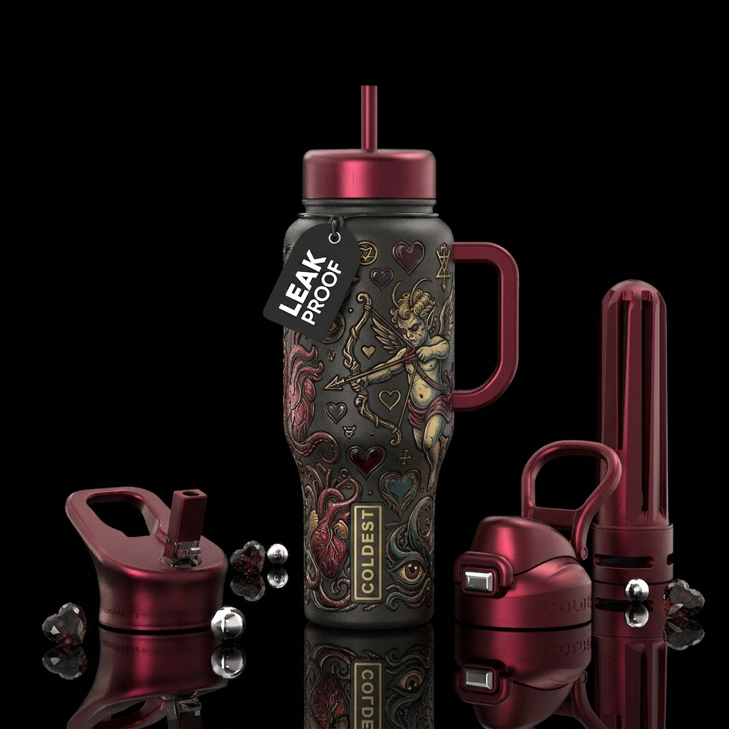 lovecraftian, hearts, cupid water bottle design