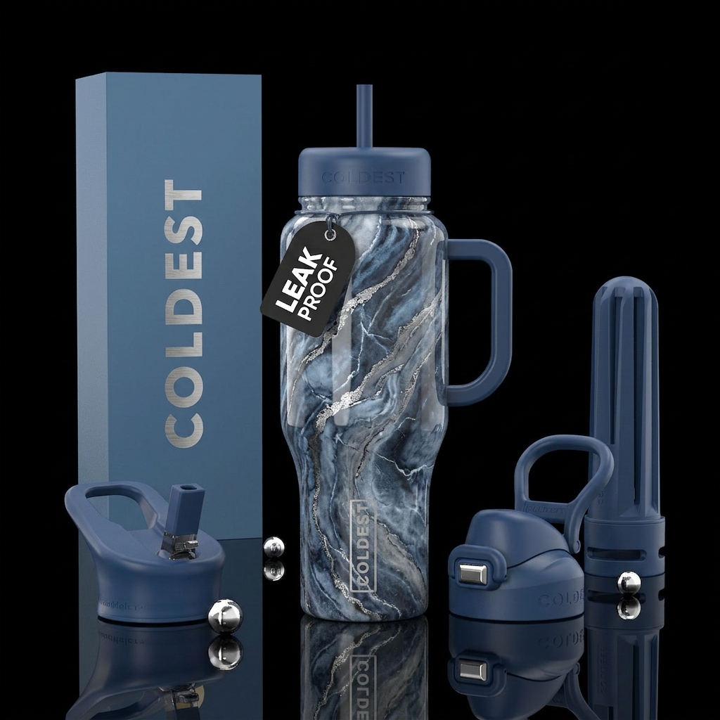marble, blue, gray, silver, shiny water bottle design
