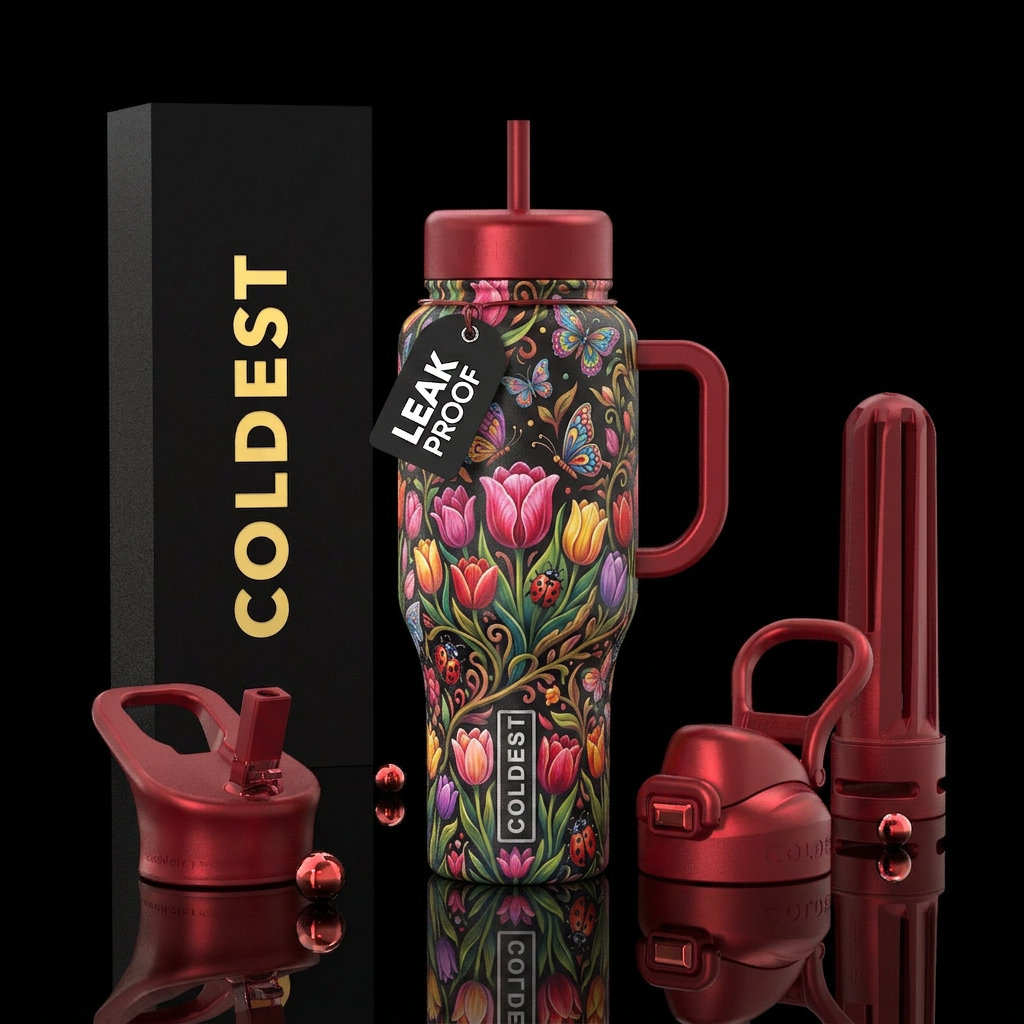 tulip fields, folklore, ladybugs. butterflies water bottle design