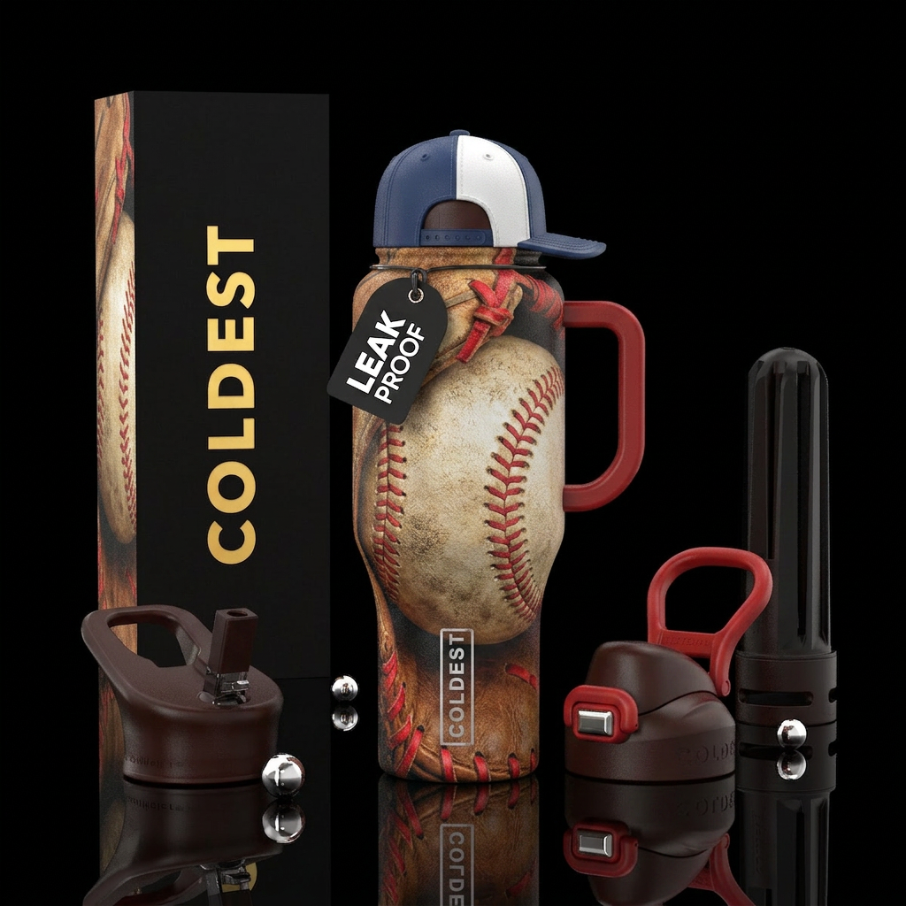 baseball. baseball glove, baseball hat water bottle design