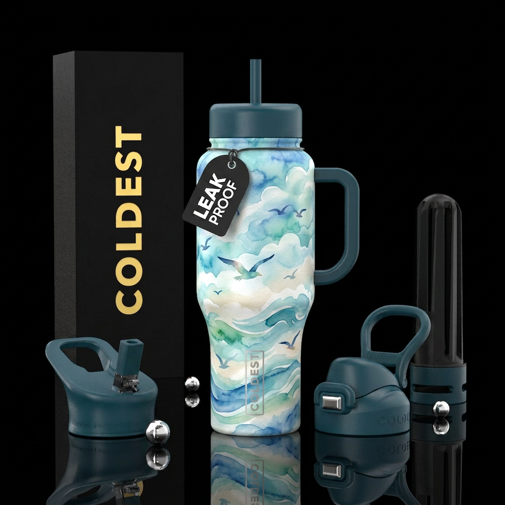 whimsical, ocean, watercolor, clouds, seagulls water bottle design
