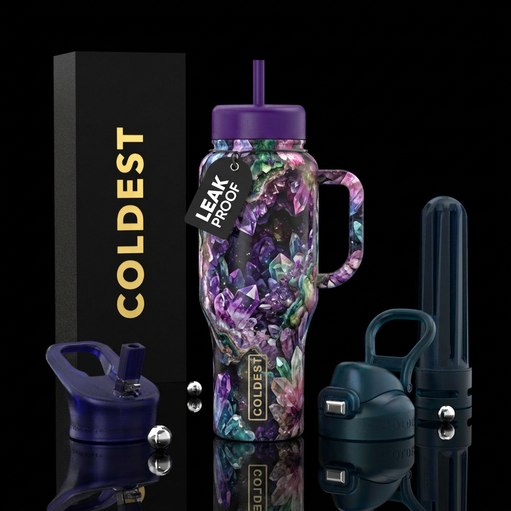 crystal cave, mine, colorful water bottle design