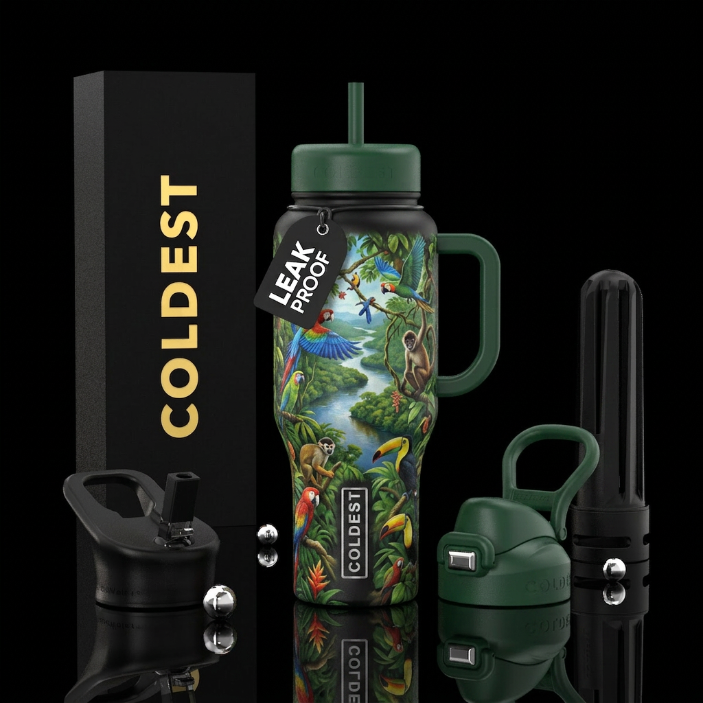 amazonian, birds, monkey, river water bottle design