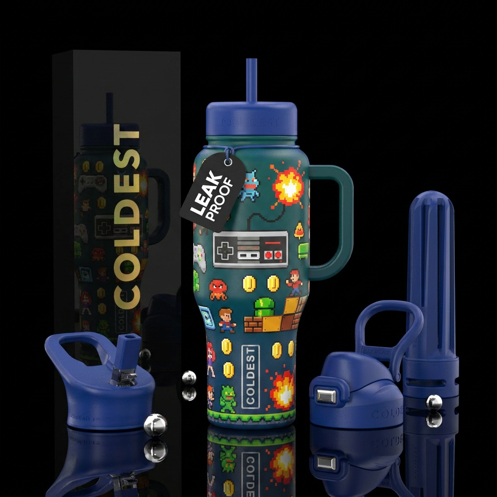 old video games water bottle design