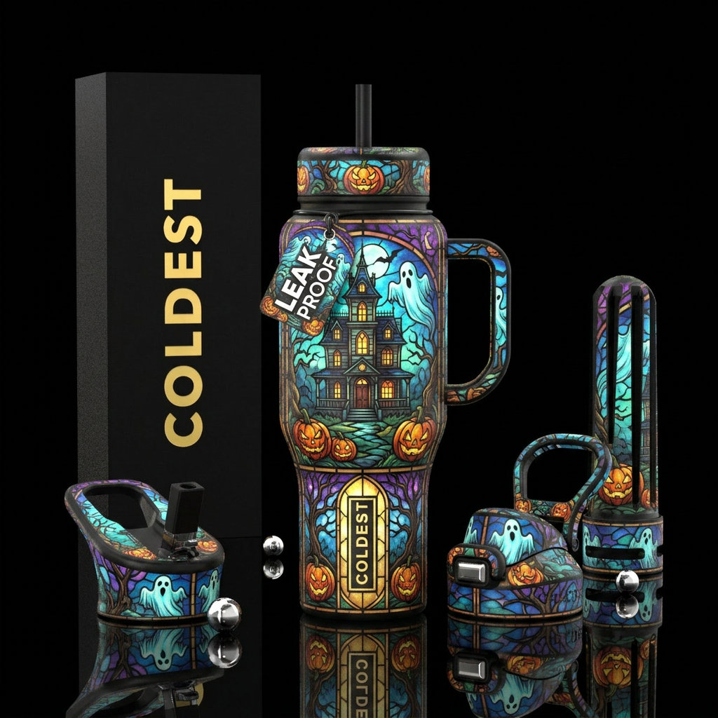 haunted, stained glass. ghosts, pumpkins water bottle design