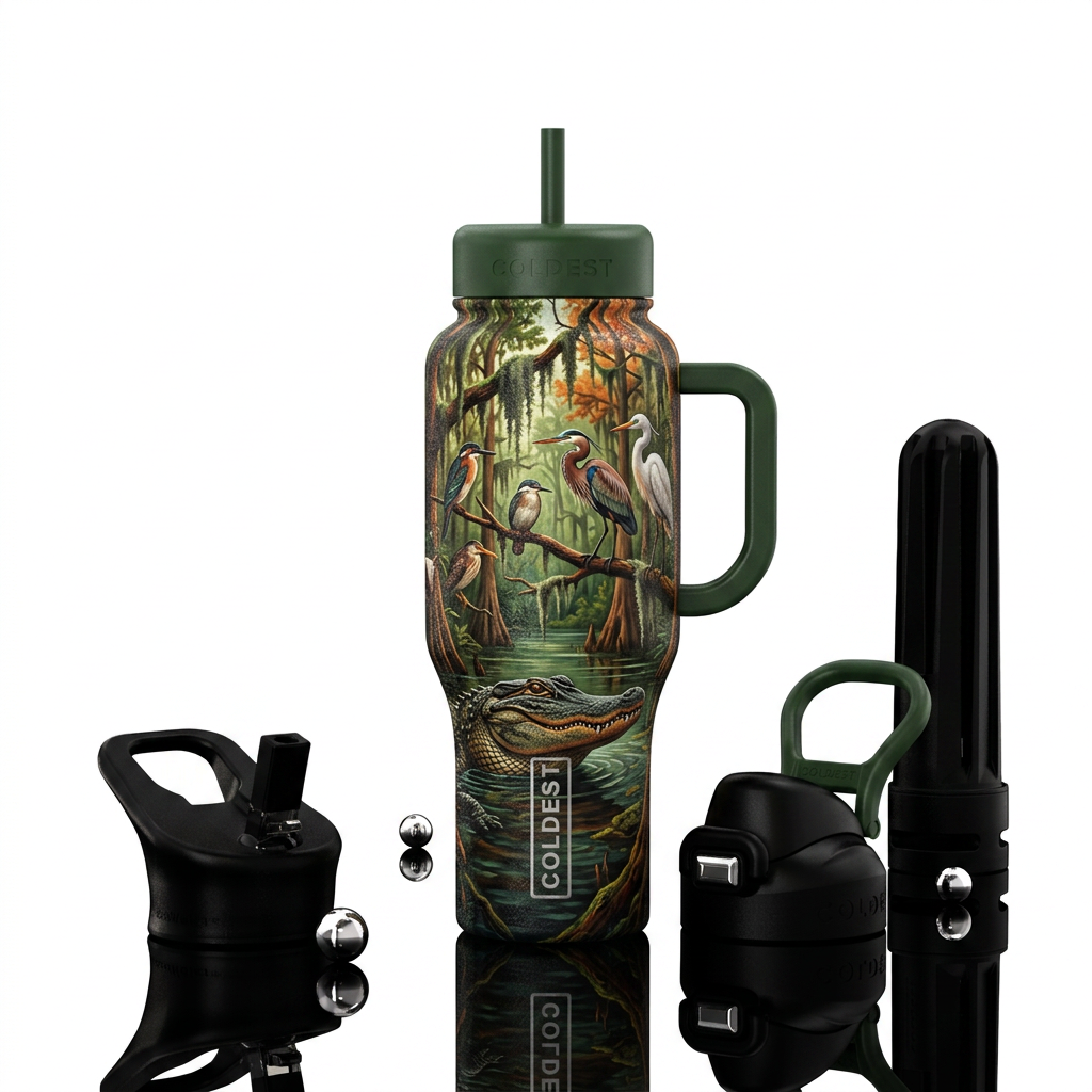 swamp, alligator, birds water bottle design