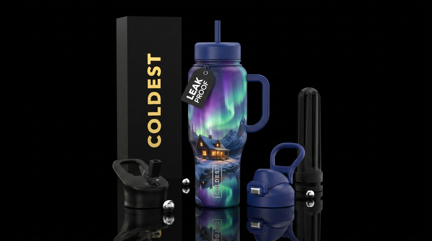 northern lights, dreamy, cottage, mountains water bottle design