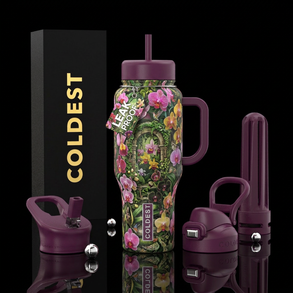 orchid, garden, vibrant, secret garden water bottle design