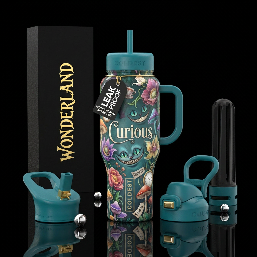 wonderland, flowers. curious water bottle design