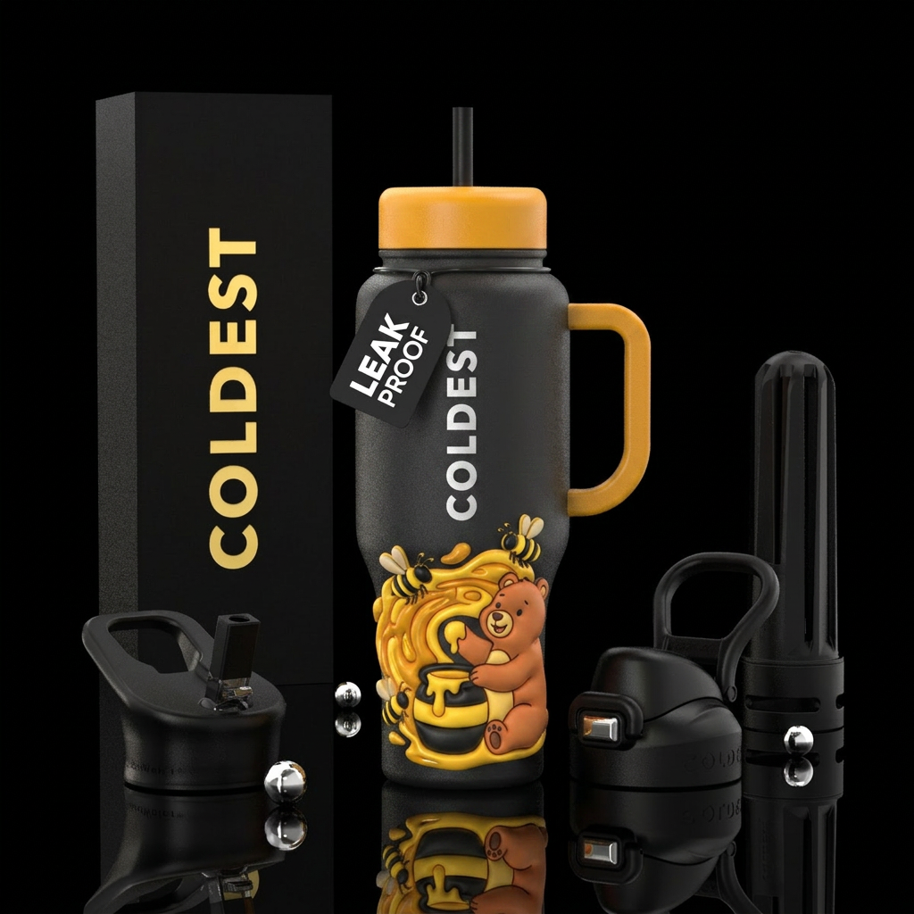 honey, bees, bear, honey pot water bottle design