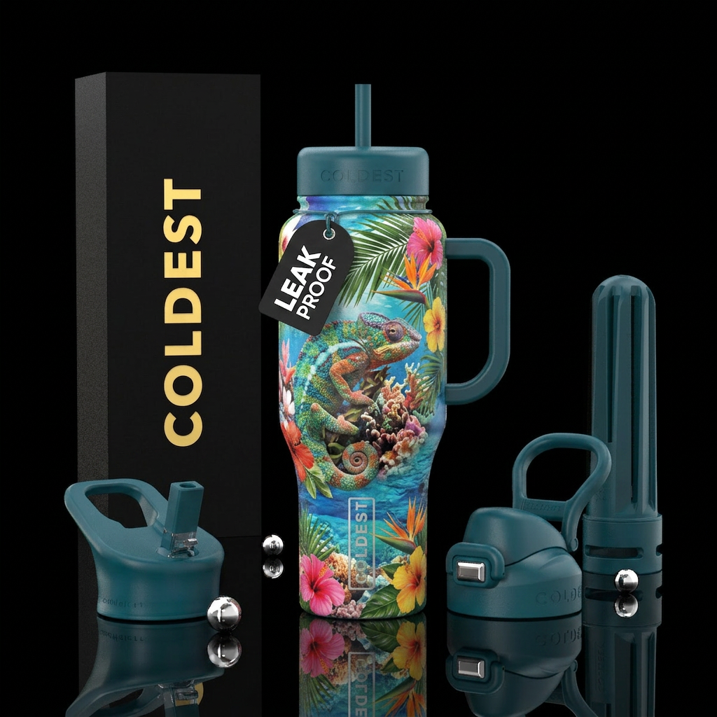 tropical flowers, chameleon, ocean water bottle design
