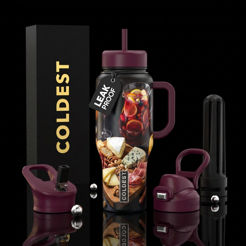 sangria, fruit, cheese platter water bottle design