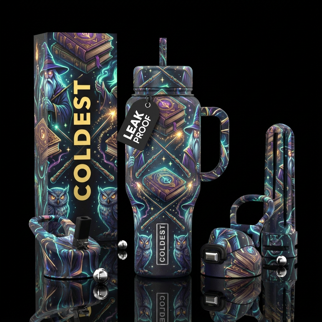 glowie, wizard. magic wands. magic. books. owl water bottle design